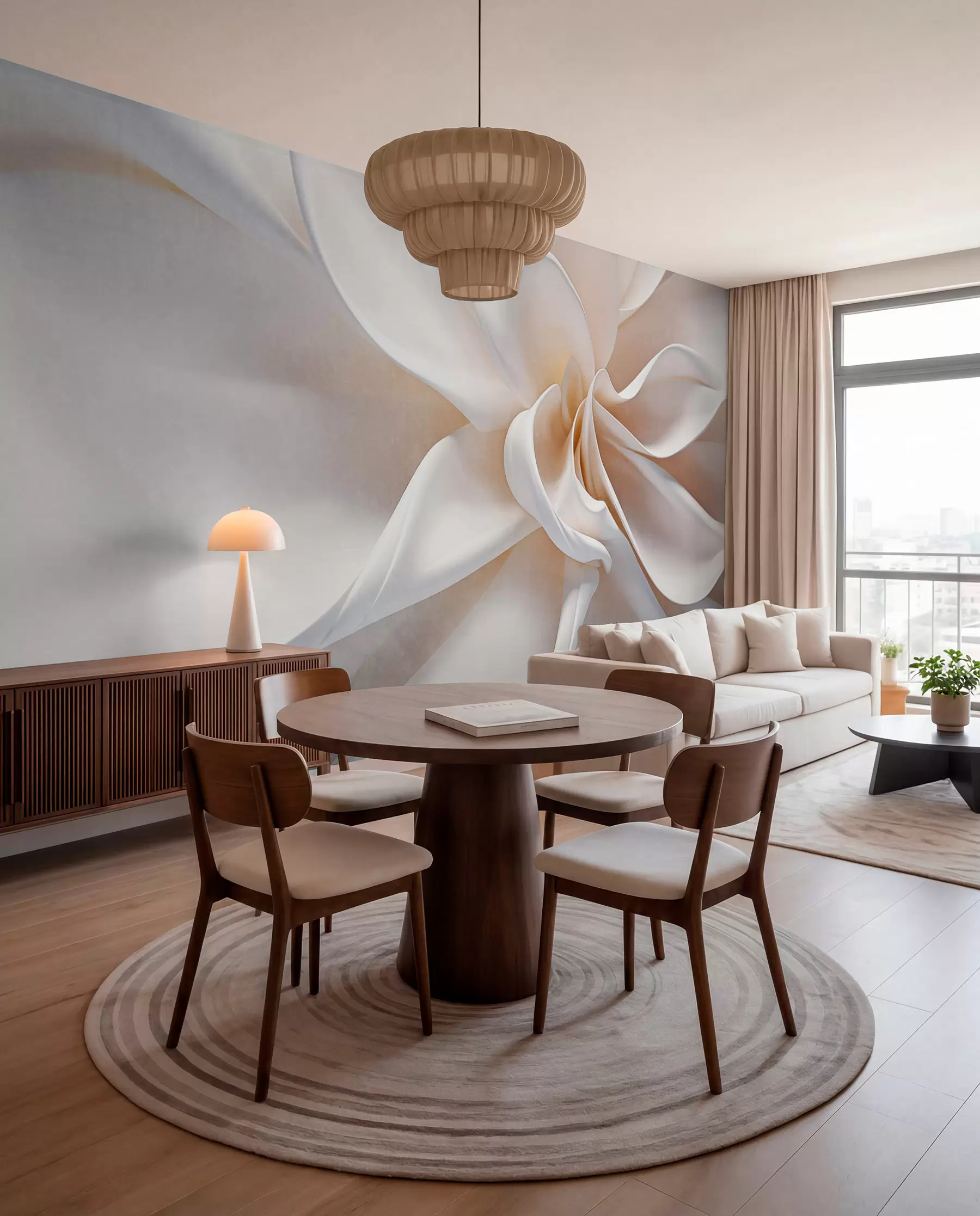 Fotobehang Een witte pastelkleurige minimalistische bloem met zachte bloemblaadjes, licht en luchtig, op een witte achtergrond w08868
