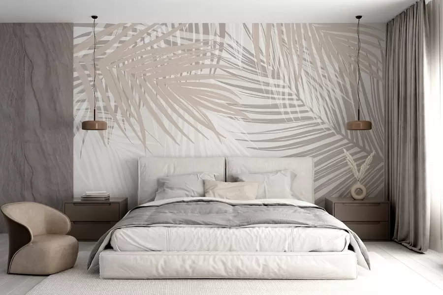 Fotobehang Palmbladeren in lichtbeige en witte tinten, tropisch gebladerte, zachte pastelkleuren, minimalistisch ontwerp w08869