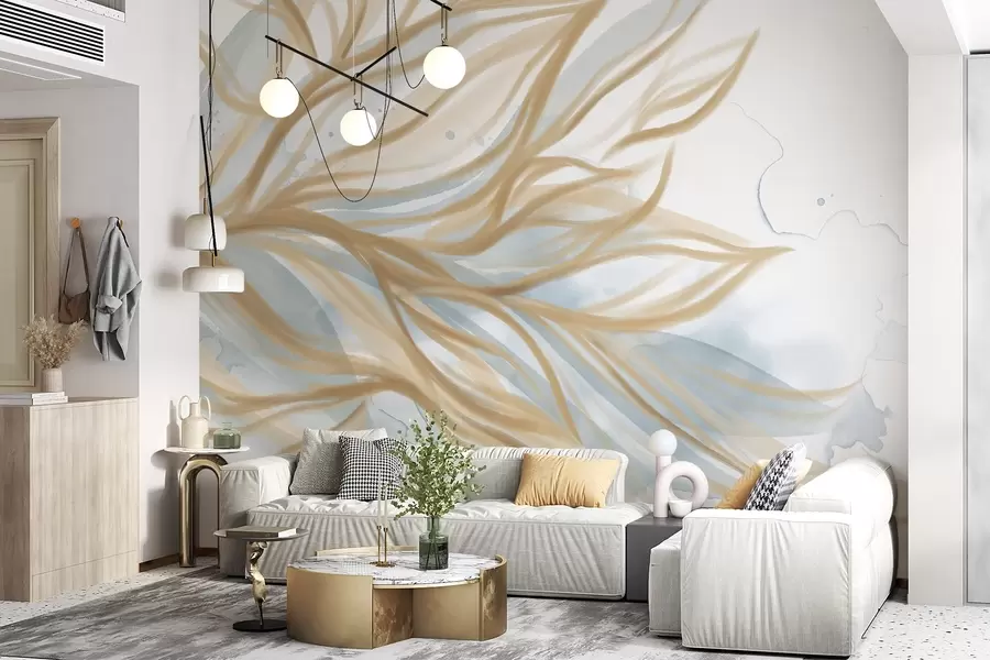 Fotobehang Abstracte gele bladeren met blauwe aquarelachtergrond, zacht en delicaat, organische vormen, vloeiende lijnen w08871