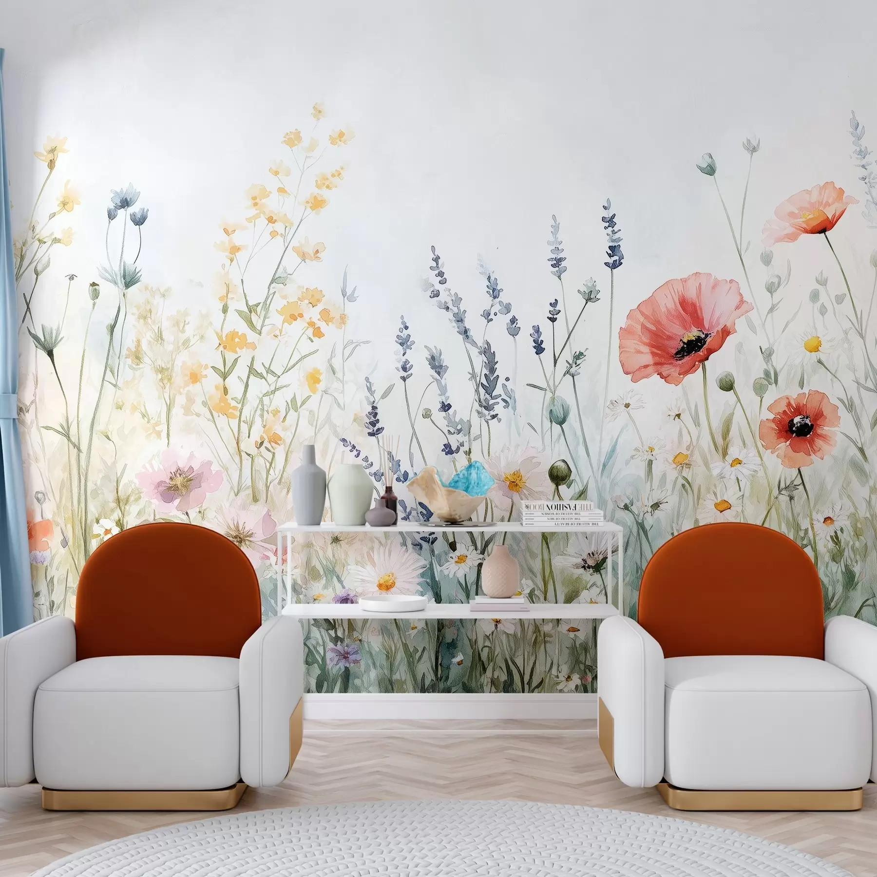 Fotobehang wilde bloemen en klaprozen in de techniek van streken w03281