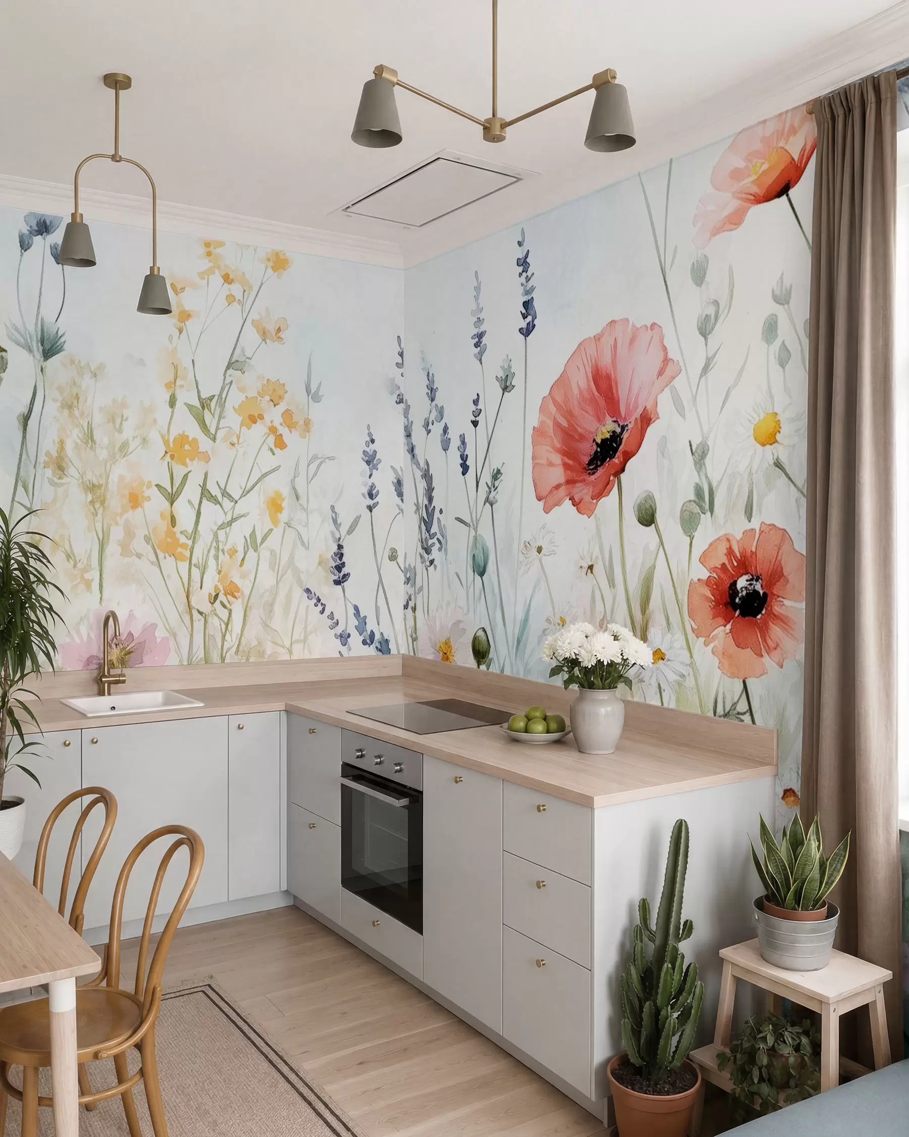 Fotobehang wilde bloemen en klaprozen in de techniek van streken w03281