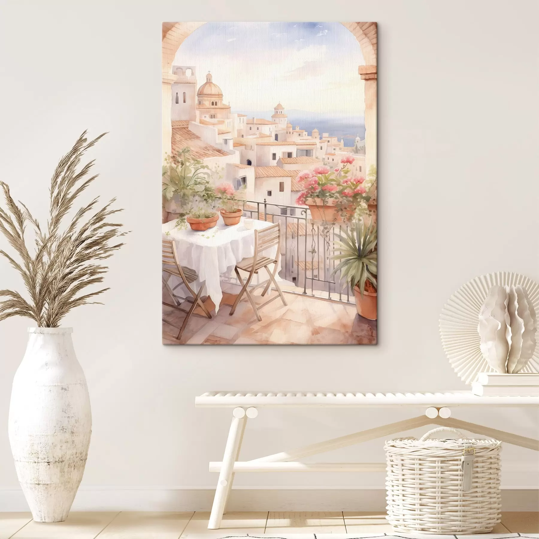  Schilderijen Zonsondergang op het balkon, Italië, architectuur, bloeiende bloemen, aquarel stijl s43184