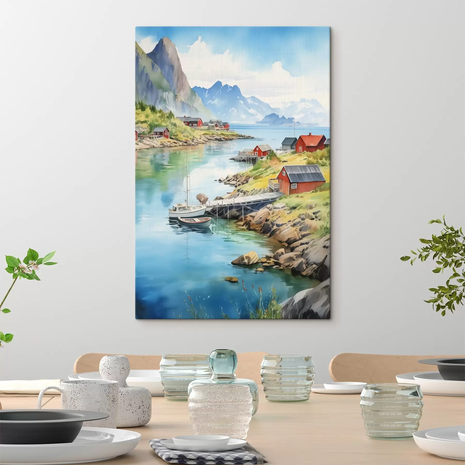  Schilderijen Lofoten eilanden zomer landschap, rode huizen, bergen, boten s43187