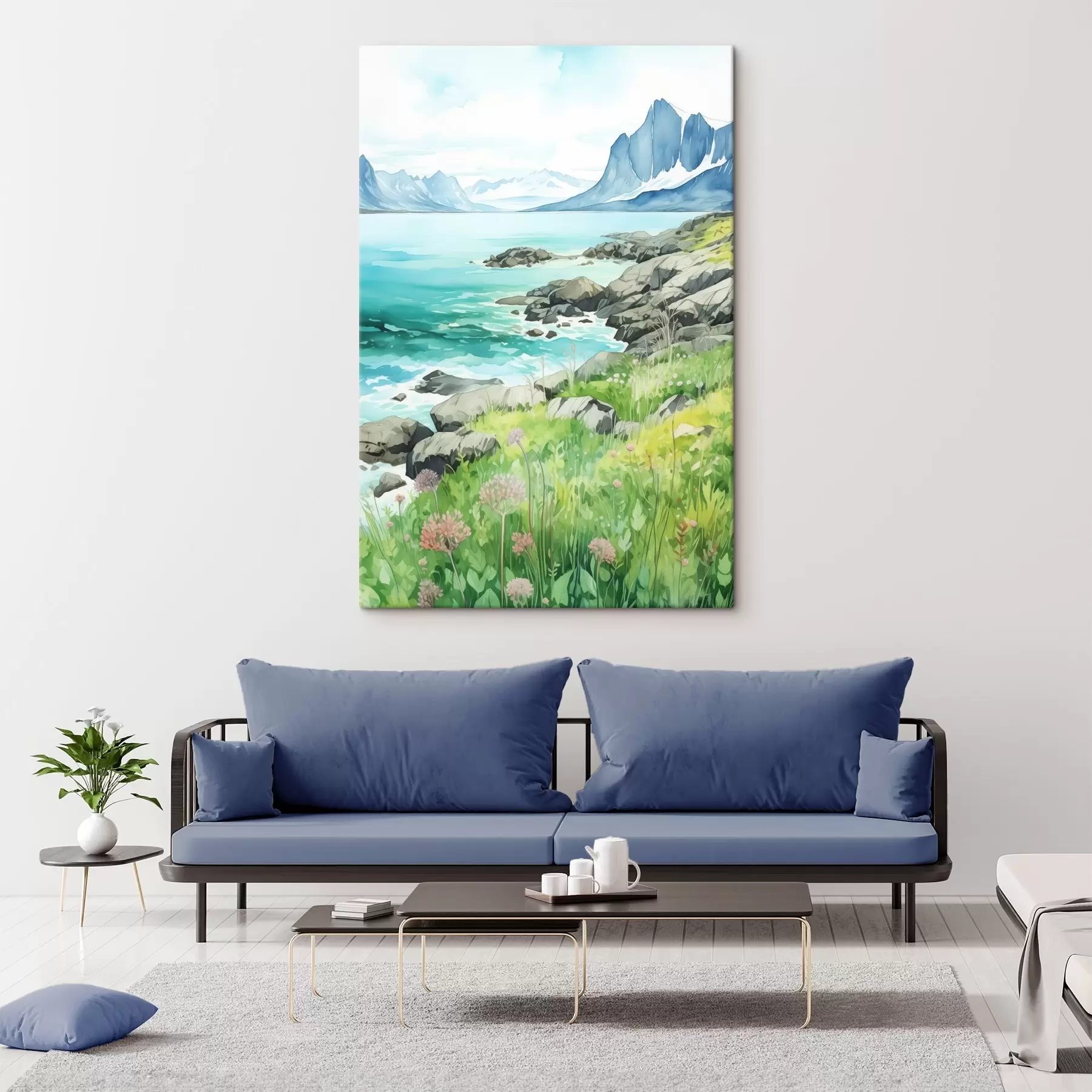  Schilderijen Noorwegen natuur, fjorden, zomer landschap, groen gras, bergen, aquarel stijl s43188