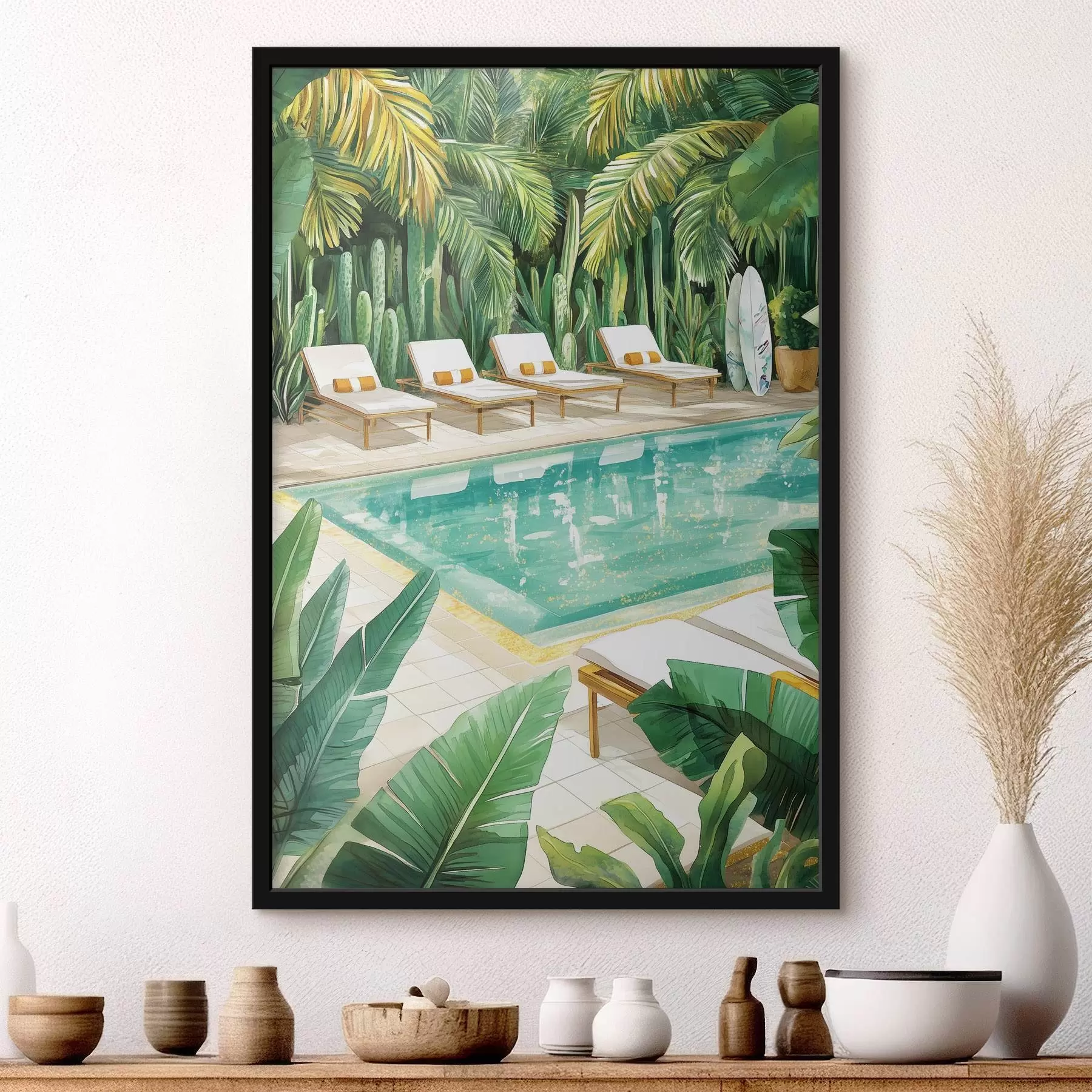 Fotobehang Tropische natuur, tuin, zomerzwembad, surfen, aquarelstijl f43190