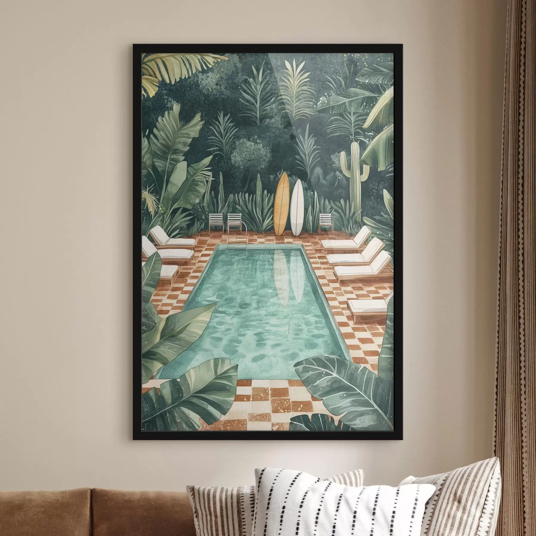  Schilderijen Vintage zomerzwembad, tropisch bos, groen, palmbomen, aquarelstijl f43191