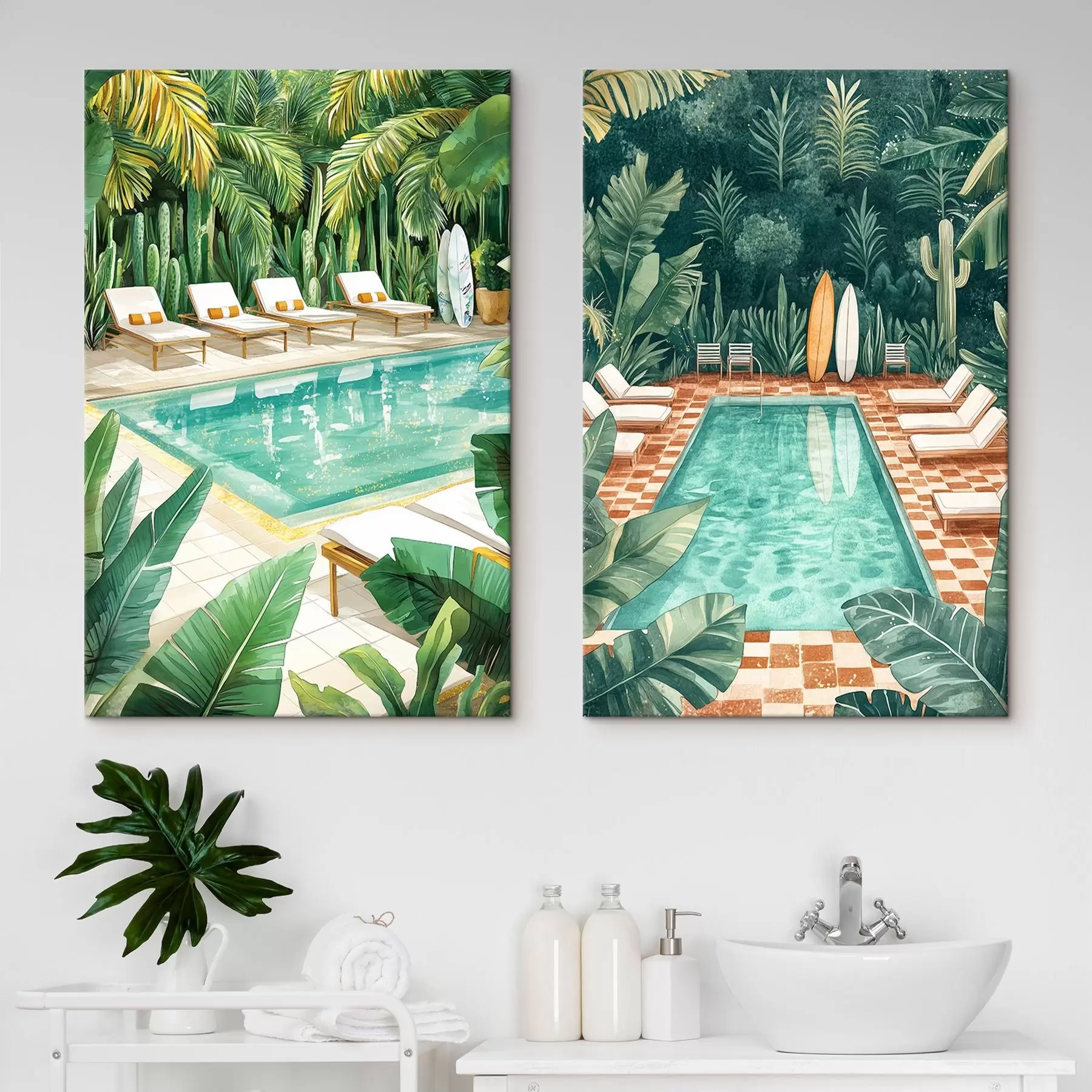  Schilderijen Zomerzwembad, vintage, tropisch bos, groen, palmbomen, aquarelstijl m00422