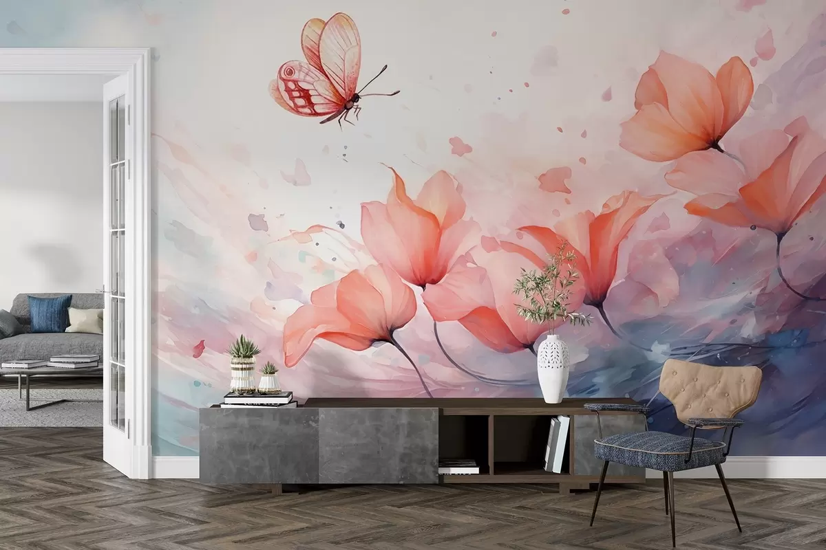 Fotobehang Delicate klaprozen met een vlinder in aquarelstijl w08849