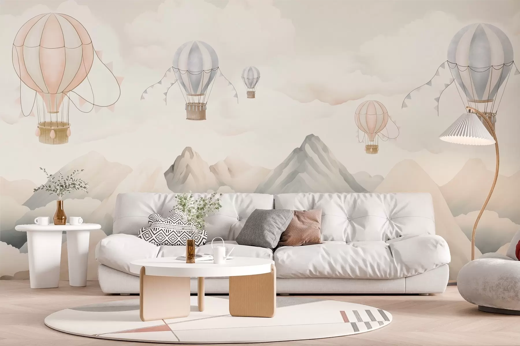 Fotobehang Luchtballonnen zweven boven bergen in neutrale, zachte pasteltinten w08853