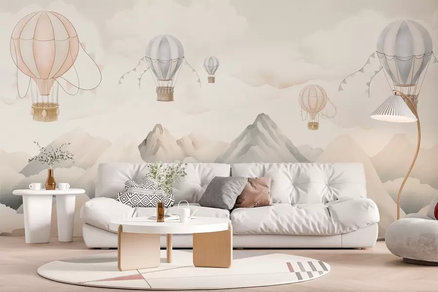 Fotobehang Luchtballonnen zweven boven bergen in neutrale, zachte pasteltinten w08853