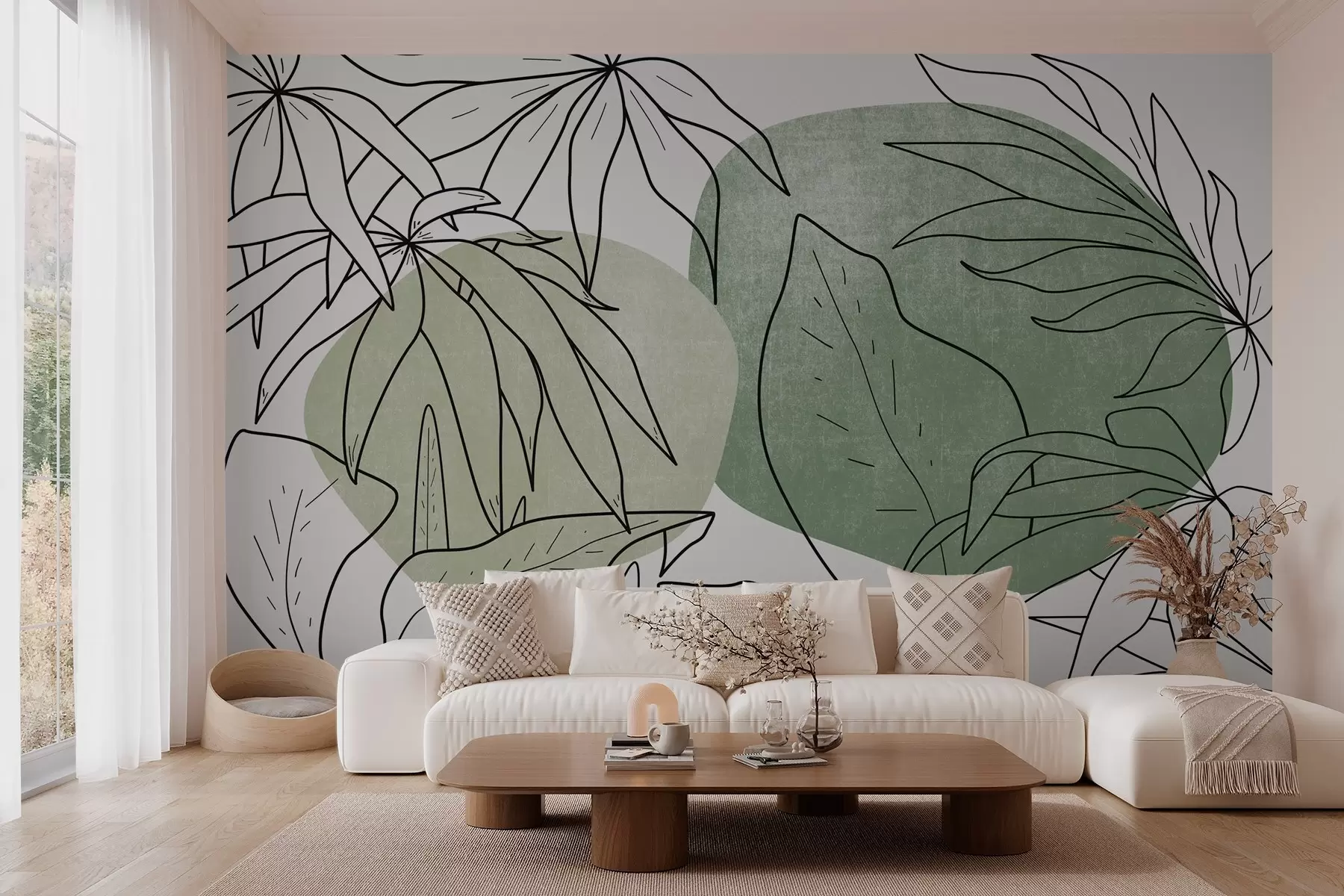 Fotobehang Planten in lijnen op een achtergrond van vlekken, groentinten w03278v2