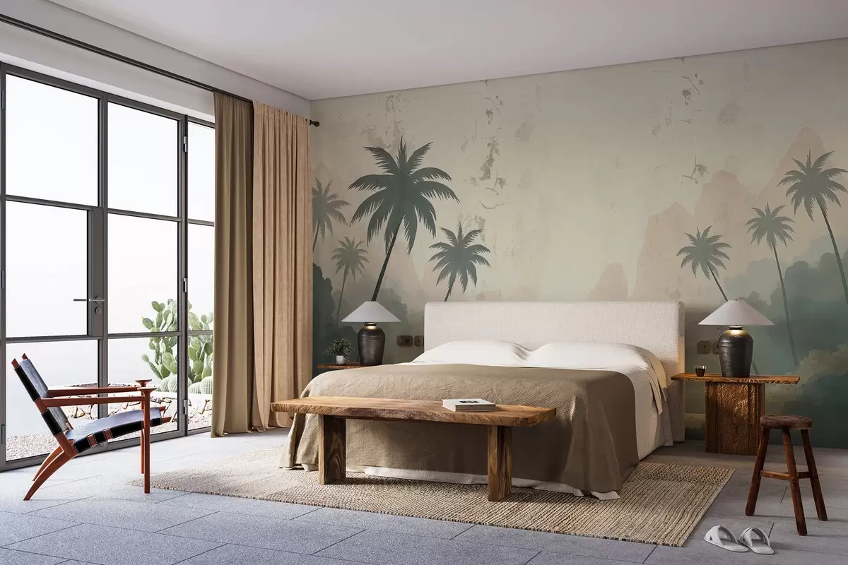 Fotobehang Palmbomen op een oude grungemuur w03335