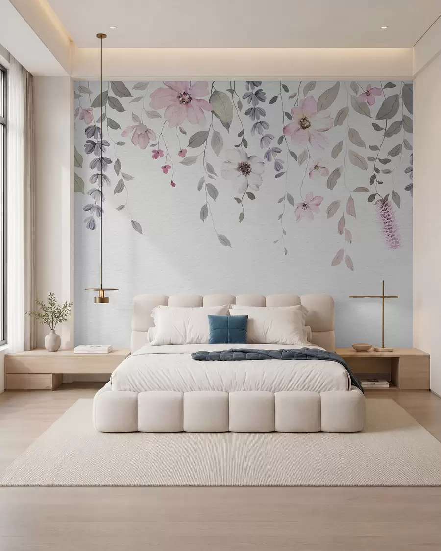 Fotobehang Hangende aquarel bloemen en bladeren w03315