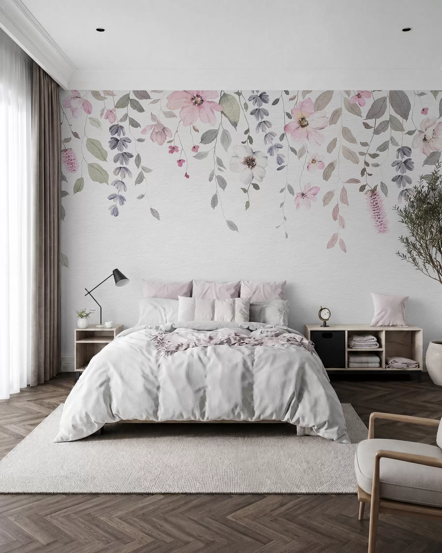 Fotobehang Hangende aquarel bloemen en bladeren w03315