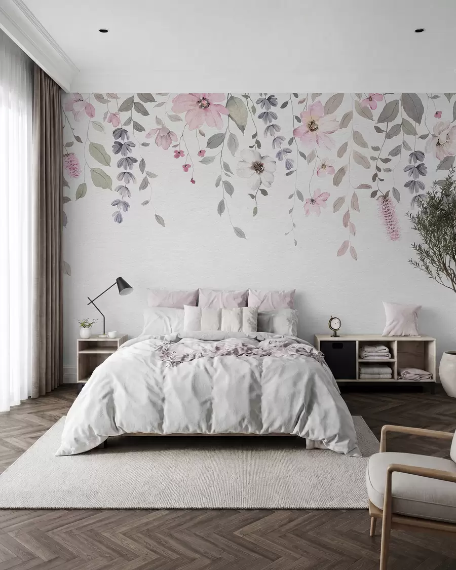 Fotobehang Hangende aquarel bloemen en bladeren w03315