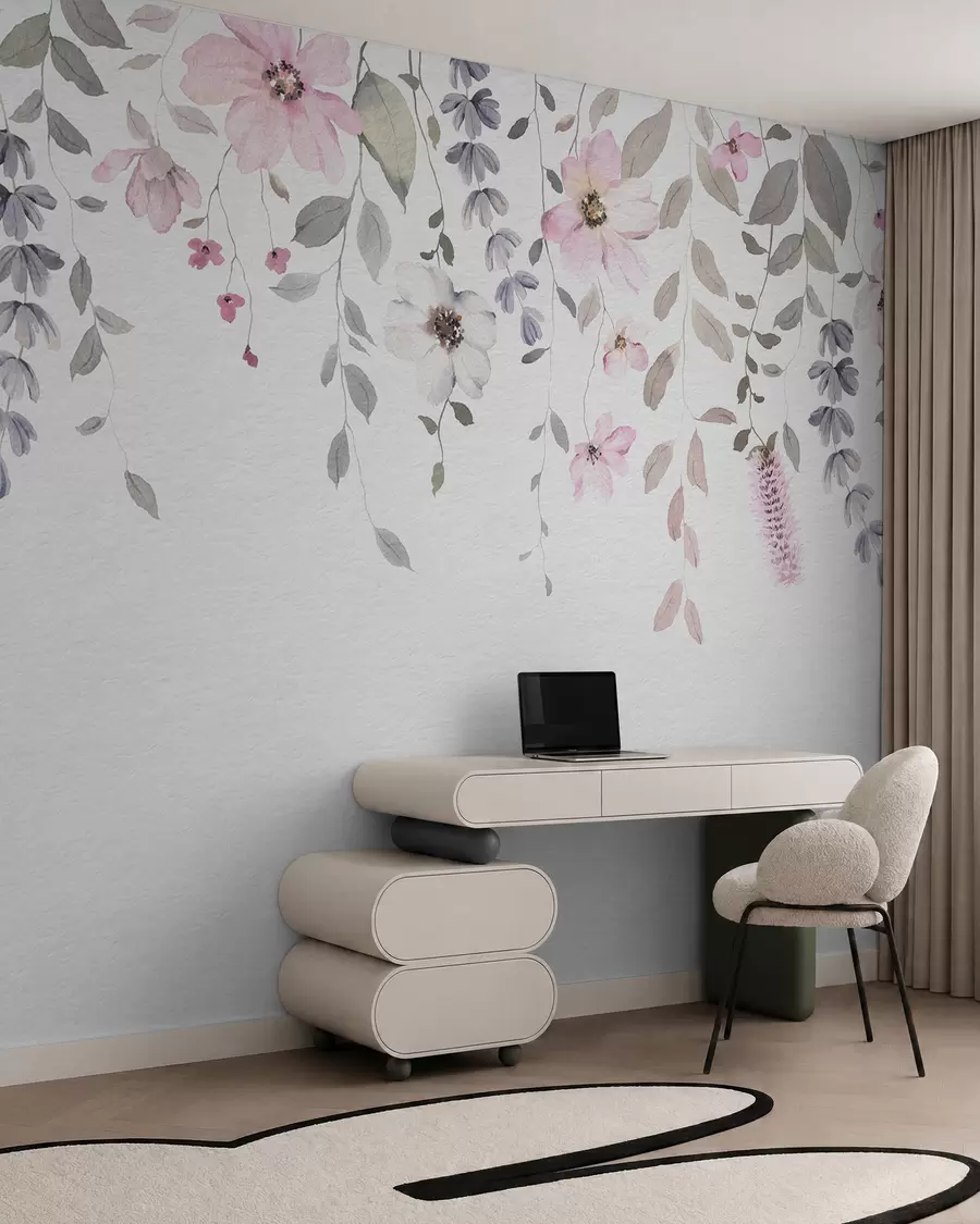 Fotobehang Hangende aquarel bloemen en bladeren w03315