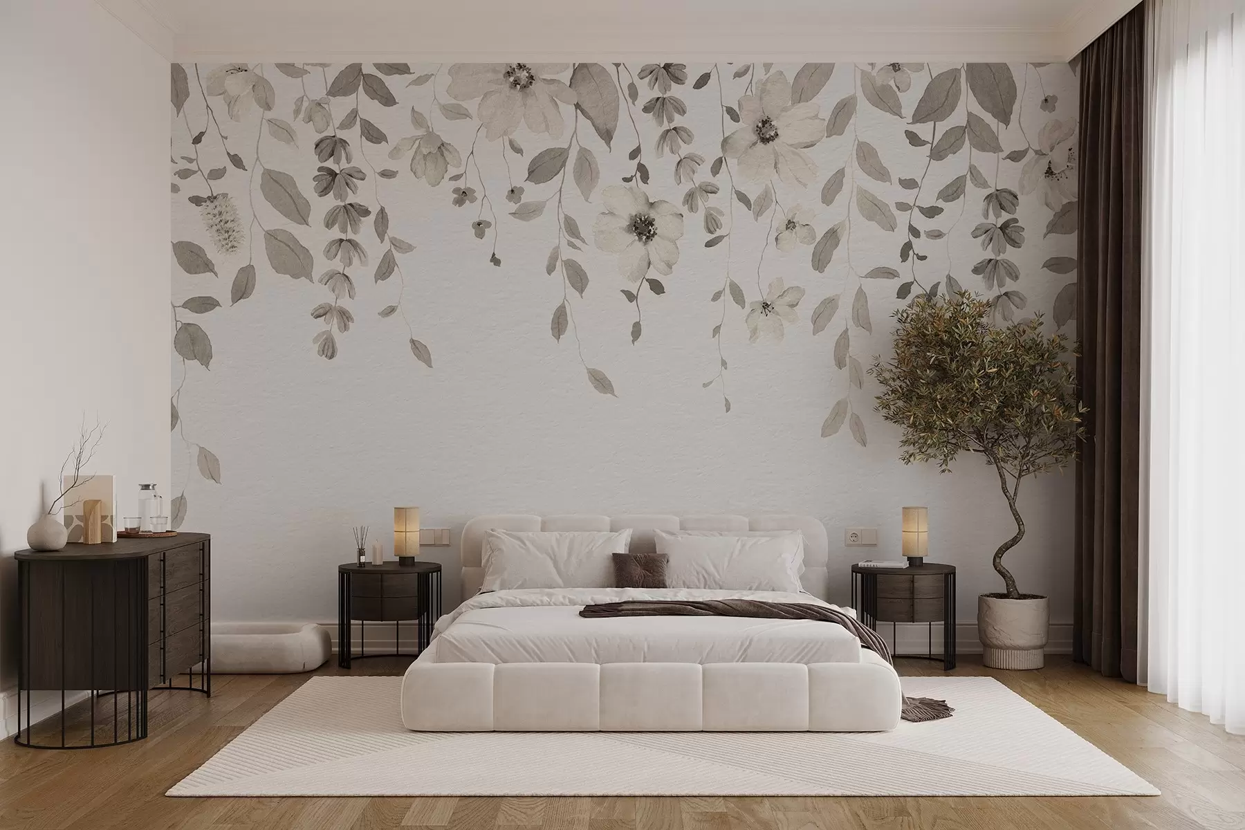 Fotobehang Hangende aquarel bloemen en bladeren w03315v1