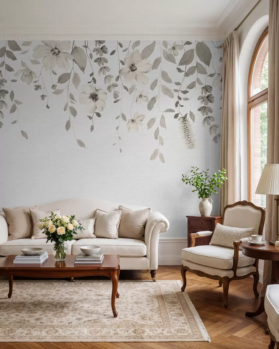 Fotobehang Hangende aquarel bloemen en bladeren w03315v1