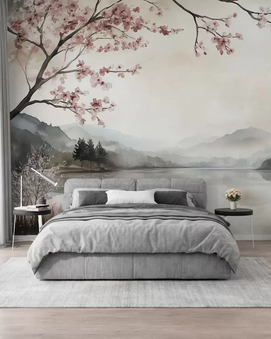 Fotobehang rustig aquarel landschap met een meer en een bloeiende boom w03282