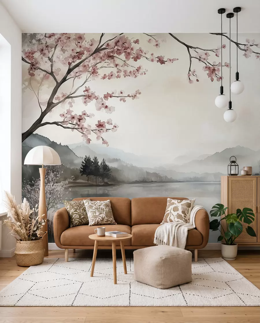 Fotobehang Bloesem boven stil water w03282
