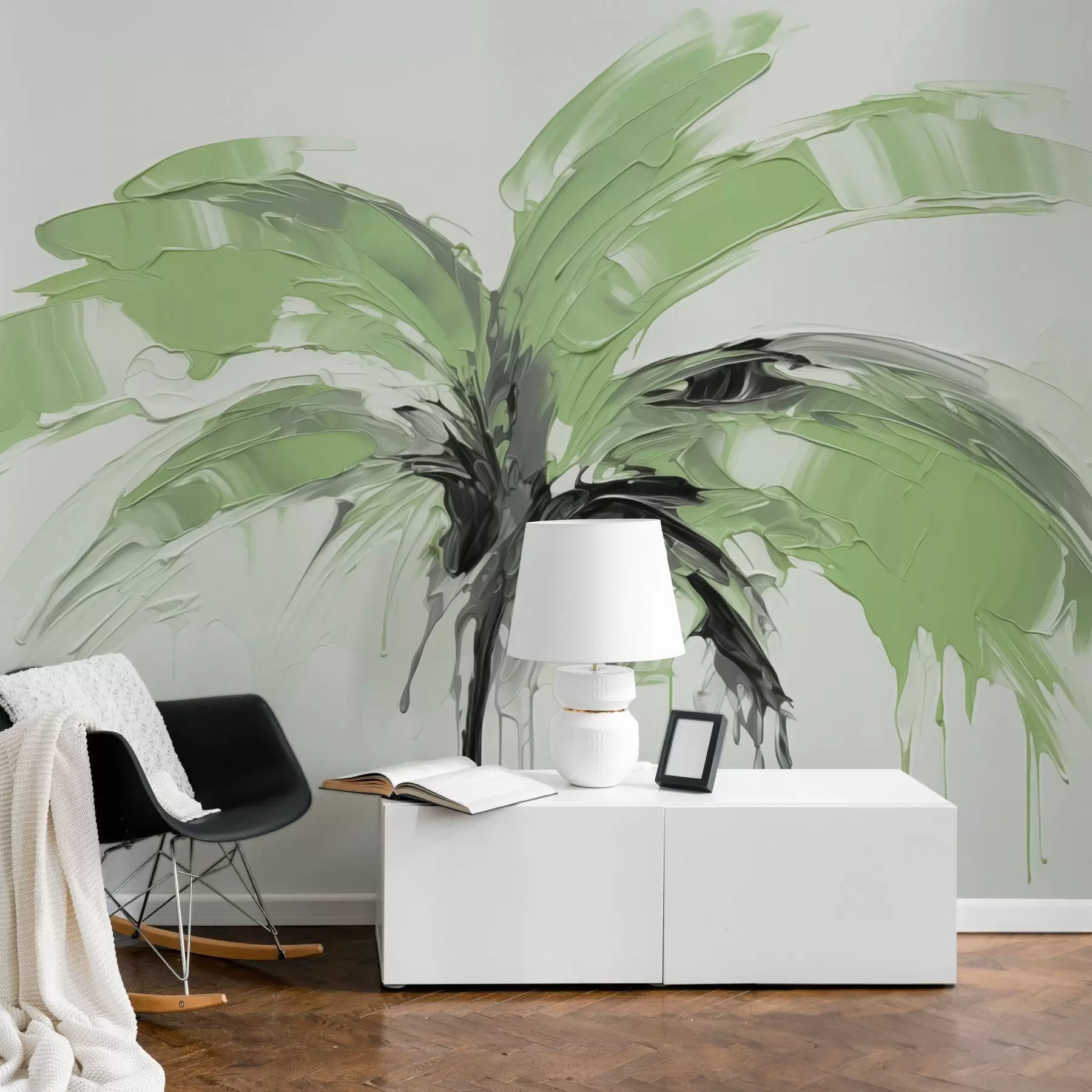 Fotobehang Palm imitatie penseelstreken, tinten groen w03363v1