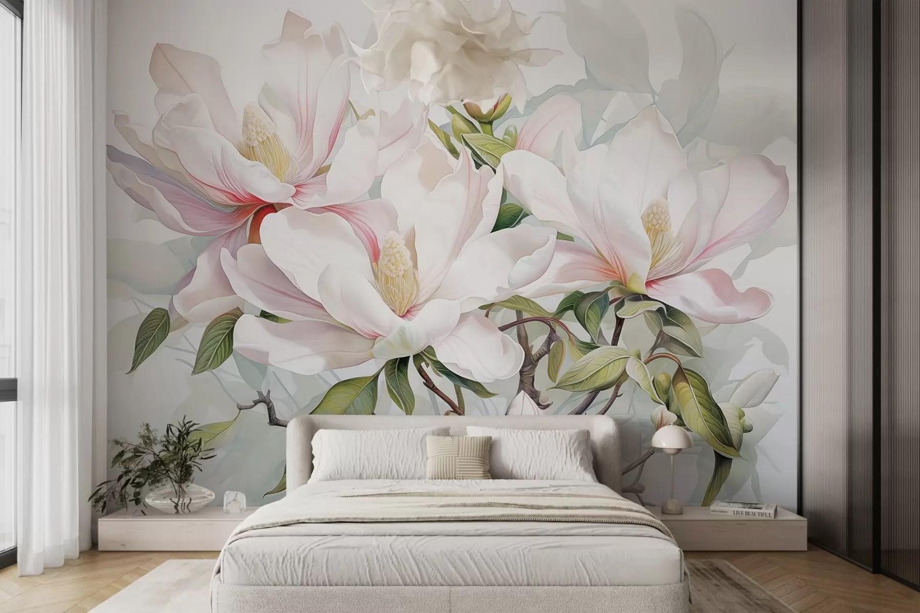 Fotobehang Magnolia bloemen met witte en roze bloemblaadjes, bladeren en bruine takken, zachte en delicate aquarelstijl w08885