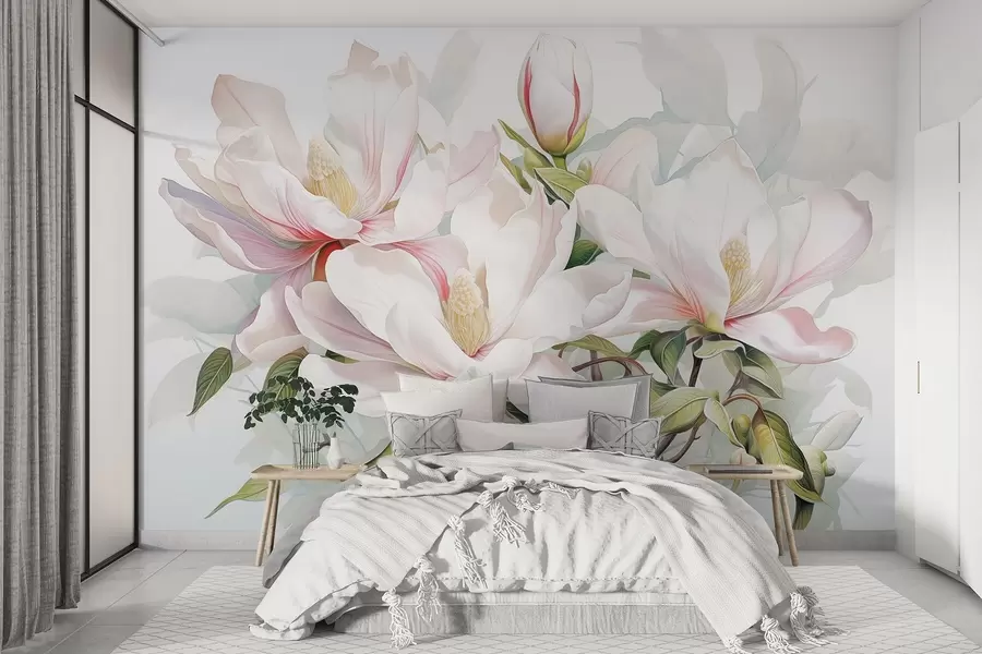 Fotobehang Magnolia bloemen met witte en roze bloemblaadjes, bladeren en bruine takken, zachte en delicate aquarelstijl w08885