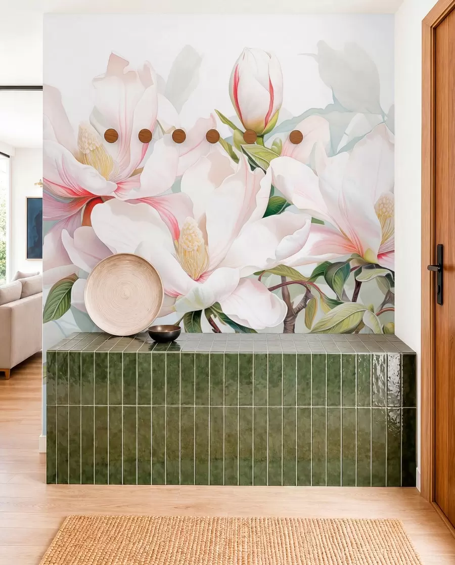 Fotobehang Magnolia bloemen met witte en roze bloemblaadjes, bladeren en bruine takken, zachte en delicate aquarelstijl w08885