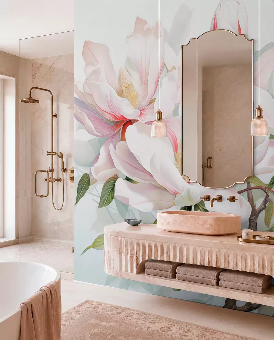 Fotobehang Magnolia bloemen met witte en roze bloemblaadjes, bladeren en bruine takken, zachte en delicate aquarelstijl w08885
