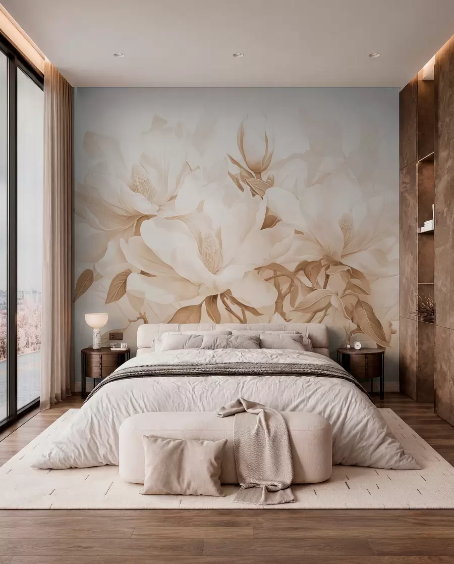 Fotobehang Magnolia bloemen met witte en beige bloemblaadjes, bladeren en bruine takken, zachte en delicate aquarelstijl w08886
