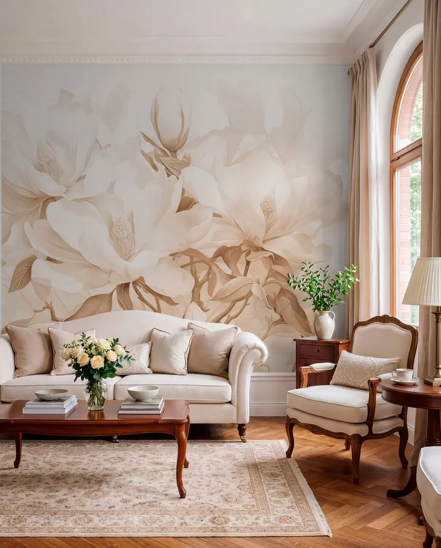 Fotobehang Magnolia bloemen met witte en beige bloemblaadjes, bladeren en bruine takken, zachte en delicate aquarelstijl w08886