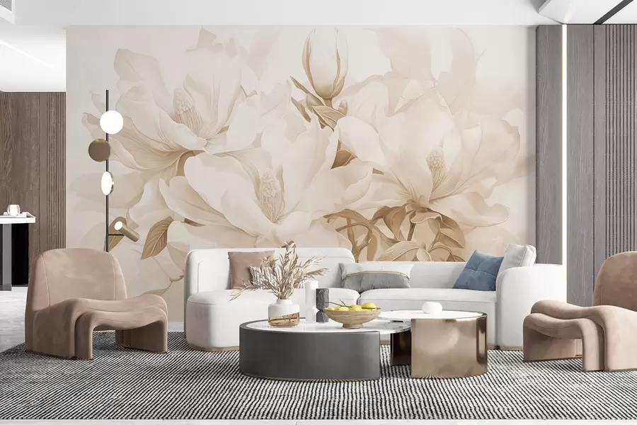 Fotobehang Magnolia bloemen met witte en beige bloemblaadjes, bladeren en bruine takken, zachte en delicate aquarelstijl w08886