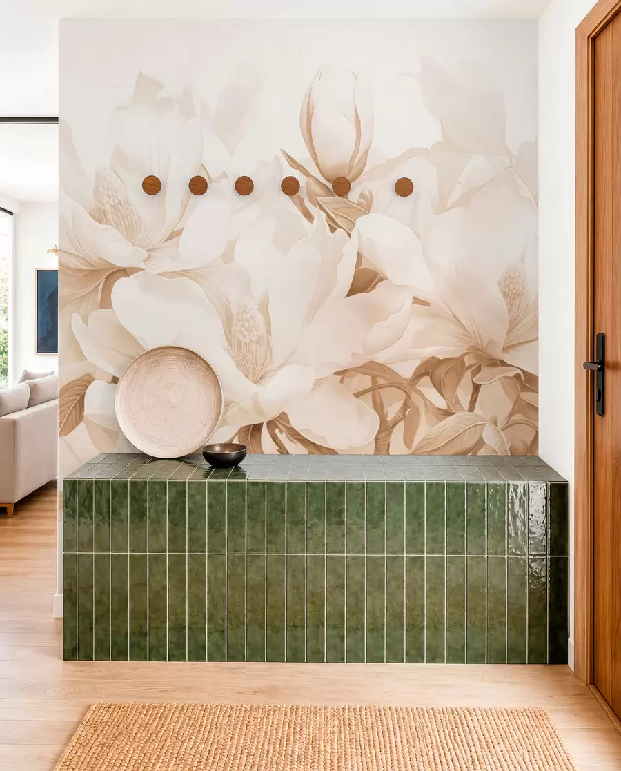 Fotobehang Magnolia bloemen met witte en beige bloemblaadjes, bladeren en bruine takken, zachte en delicate aquarelstijl w08886