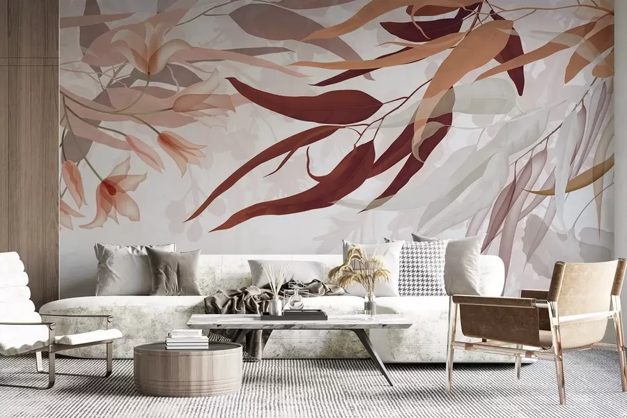 Fotobehang Eucalyptusbladeren in bordeaux-, beige- en wittinten met delicate bloemen en takken op een witte achtergrond w08887