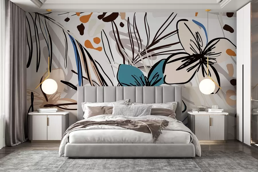 Fotobehang Moderne abstracte print met tropische palmbladeren, blauwe en beige bloemen, zwarte lijnen, lichte achtergrond w08889