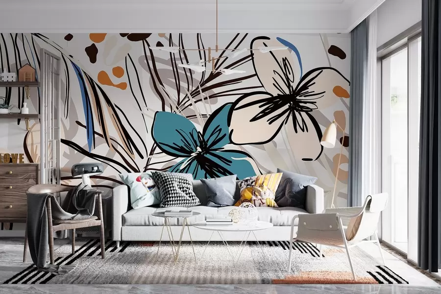 Fotobehang Moderne abstracte print met tropische palmbladeren, blauwe en beige bloemen, zwarte lijnen, lichte achtergrond w08889