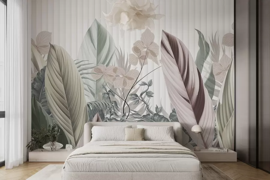 Fotobehang Tropische bladeren met zachte pastelkleuren, lichtgroen, lichtroze en lichtbruin, verticale lijnen op de achtergrond w08892