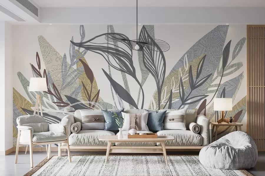 Fotobehang Een verzameling bladeren met verschillende kleuren en afmetingen, sommige met lijntekening, op een witte achtergrond w08893