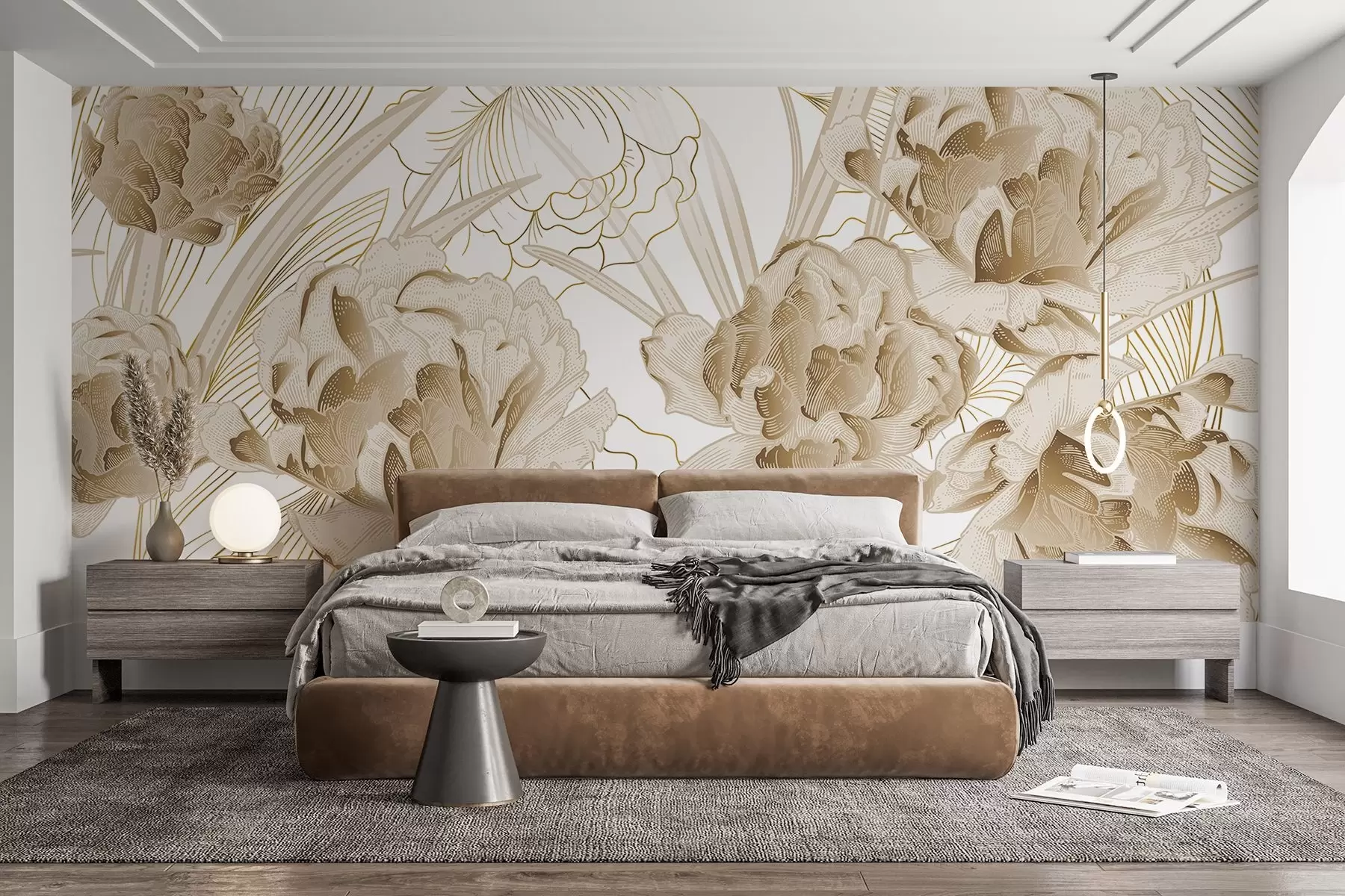 Fotobehang Beige pioenrozen met bladeren op een witte achtergrond, bloemenontwerp, botanische illustratie w08897