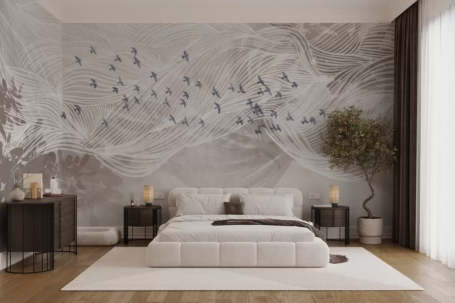 Fotobehang Zwerm vogels vliegt over abstract landschap met beige golven, zachte kleuren, minimalistisch ontwerp  w08898