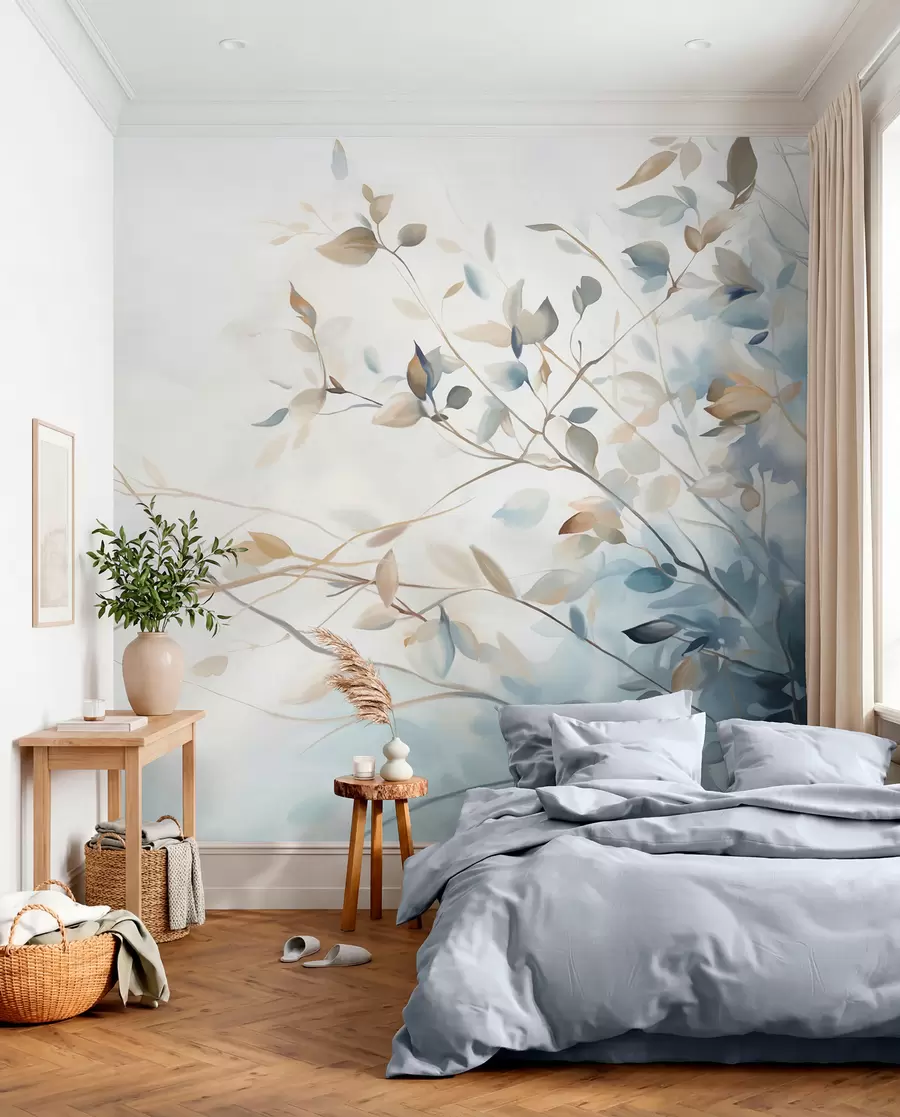Fotobehang Takken met bladeren in blauwe en bruine tinten, lichte achtergrond, zacht en delicaat, aquarelstijl  w08900