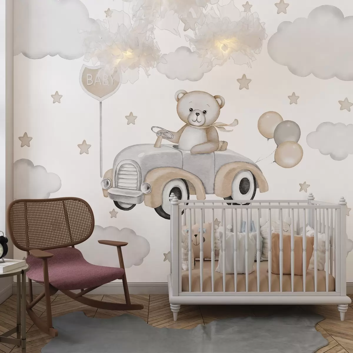 Fotobehang Schattige illustratie van een teddybeer in een oldtimer tussen wolken en sterren w03382