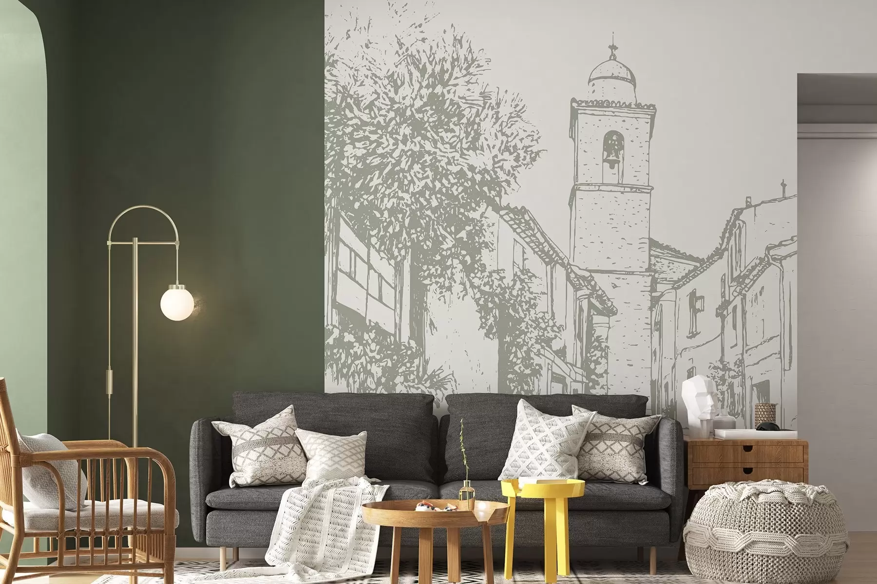 Fotobehang Stadsstraat, mooie architectuur, gebouwen, Middellandse Zee, lijntekening, olijfkleur w03345