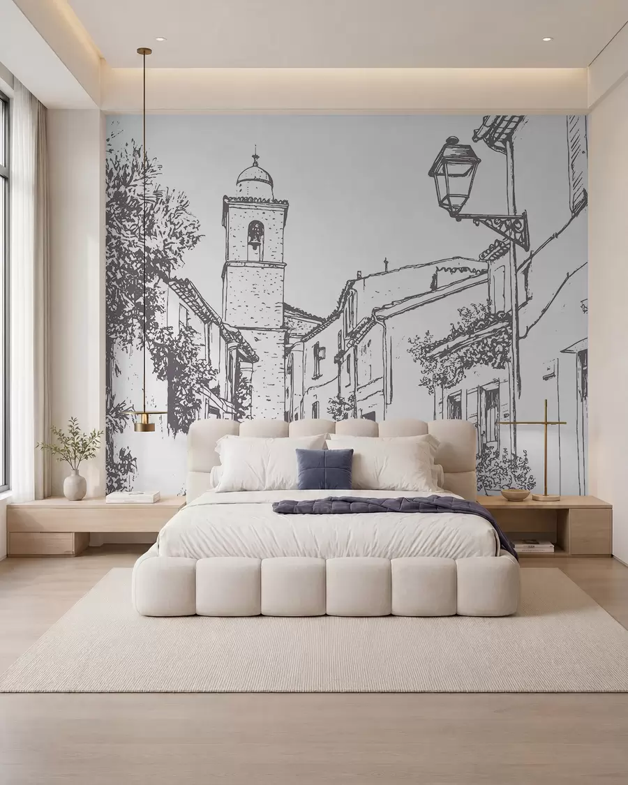 Fotobehang Stadsstraat, mooie architectuur, gebouwen, Middellandse Zee, lijntekening, beige kleur w03345v1