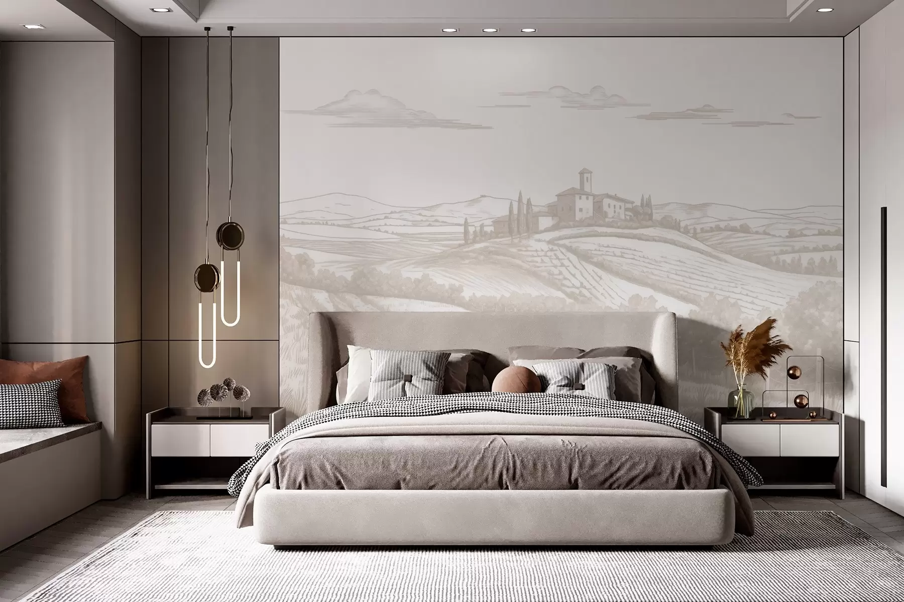 Fotobehang Toscane landschappen, Italië, wijngaarden, natuur, oud kasteel, beige kleuren w03349