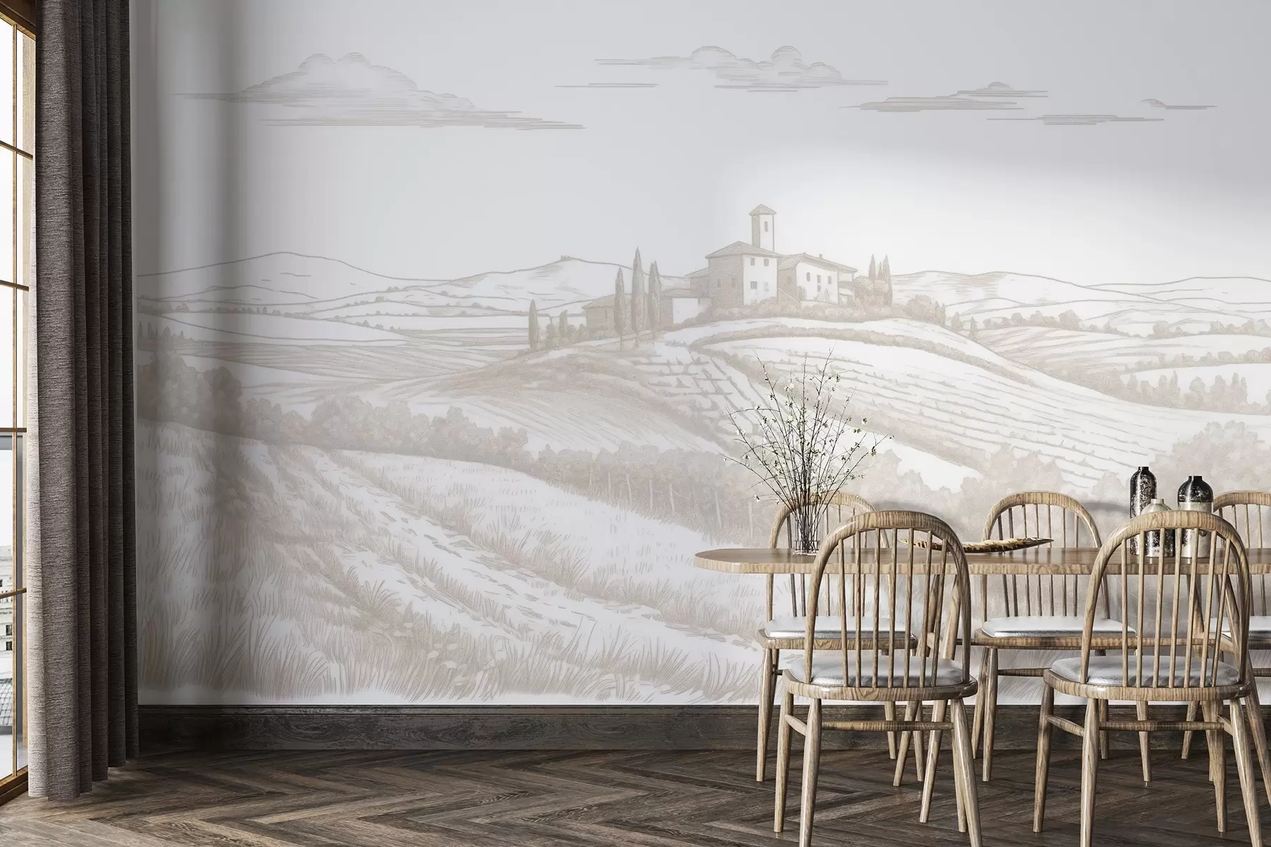 Fotobehang Toscane landschappen, Italië, wijngaarden, natuur, oud kasteel, beige kleuren w03349
