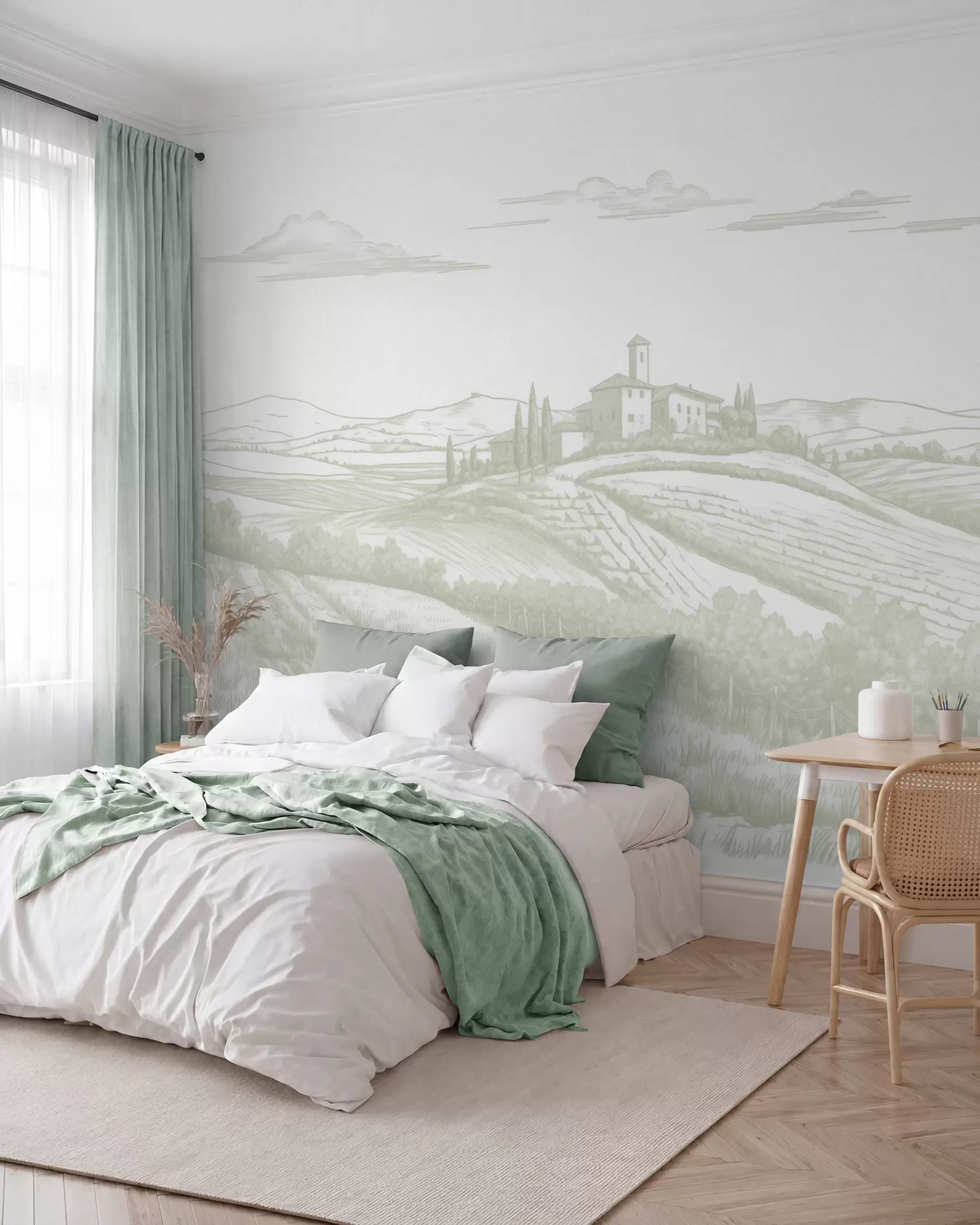 Fotobehang Toscane landschappen, Italië, wijngaarden, natuur, oud kasteel, groene kleuren w03349v2
