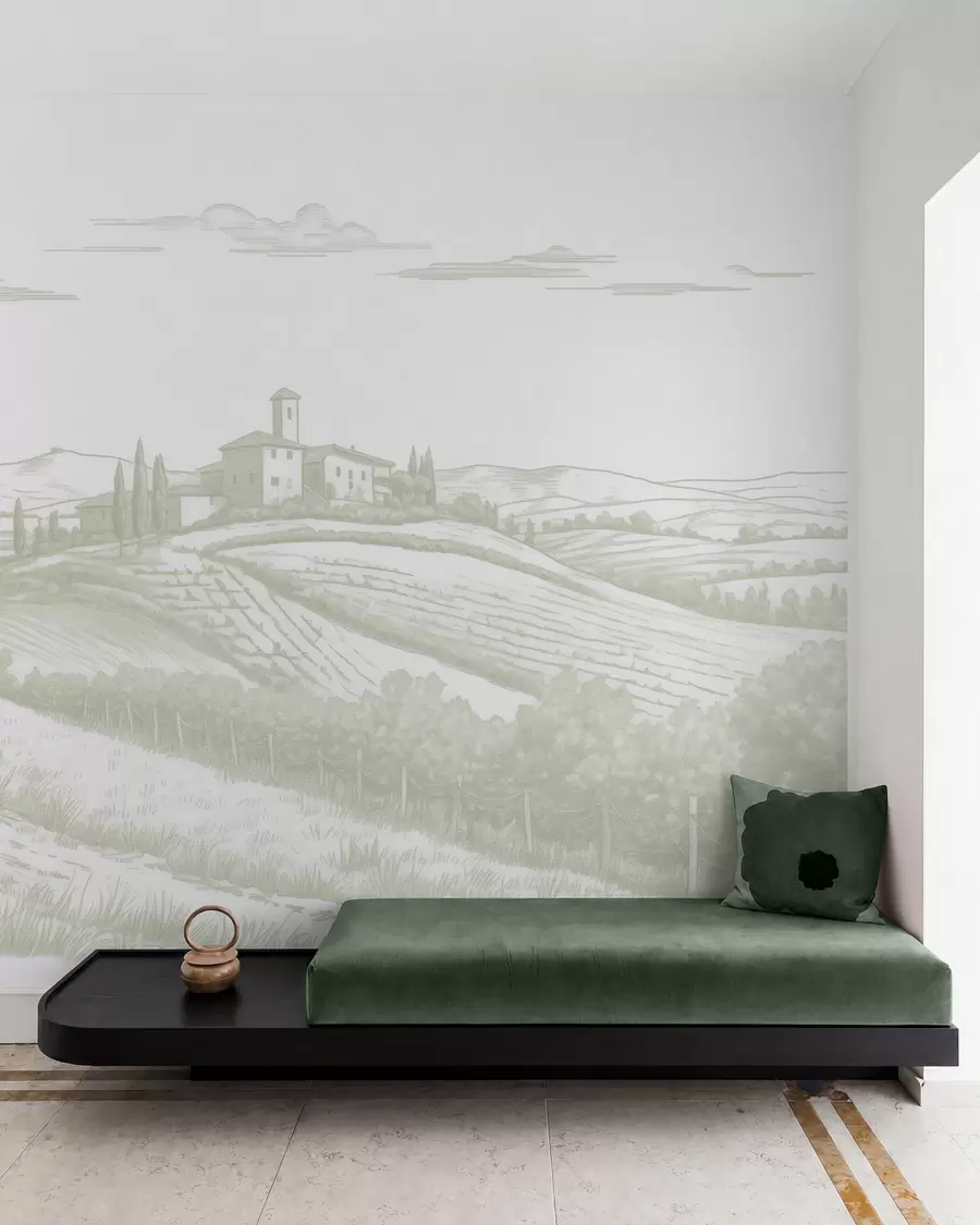 Fotobehang Toscane landschappen, Italië, wijngaarden, natuur, oud kasteel, groene kleuren w03349v2
