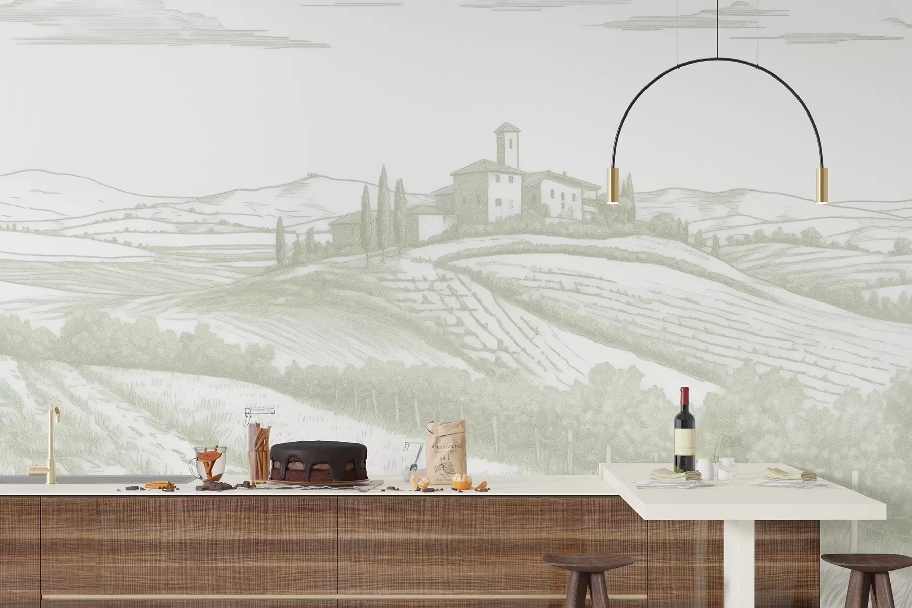 Fotobehang Toscane landschappen, Italië, wijngaarden, natuur, oud kasteel, groene kleuren w03349v2