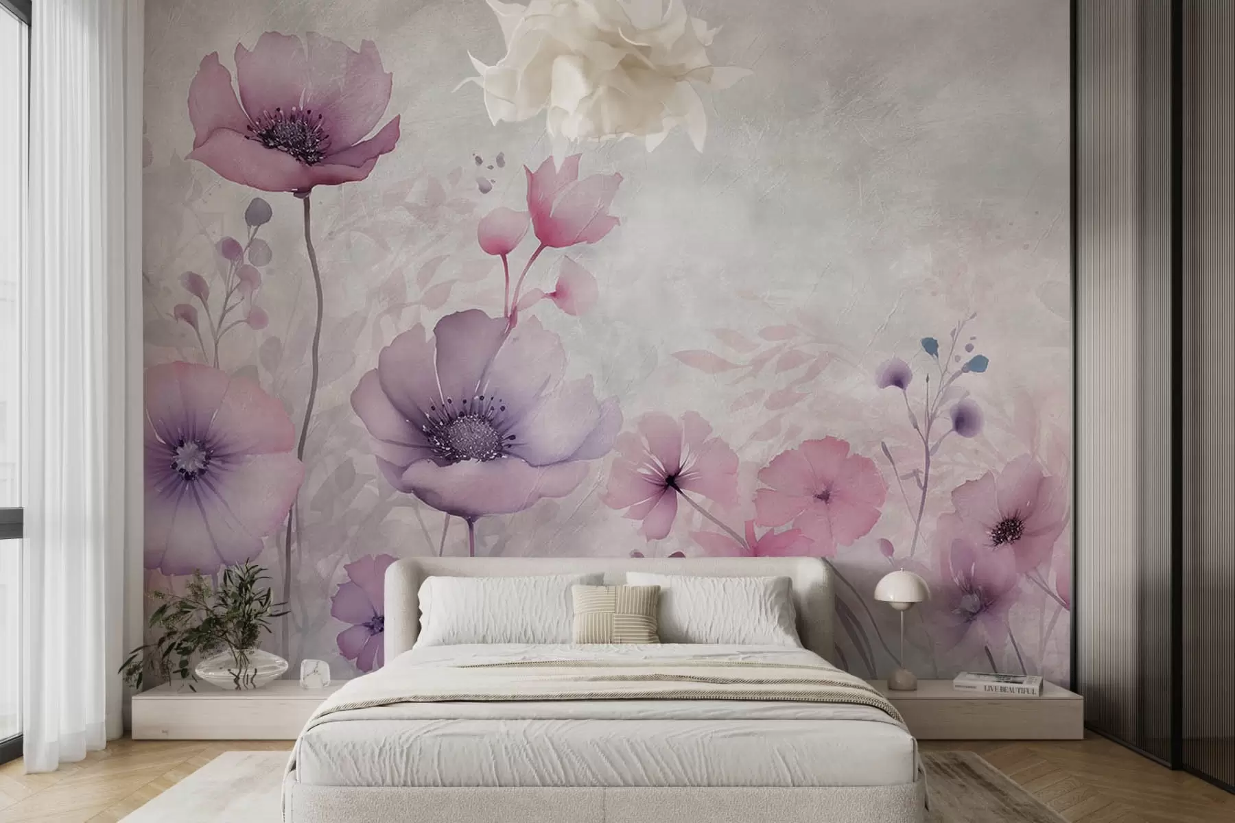 Fotobehang Doorschijnende bloemen op een betonnen achtergrond w08908